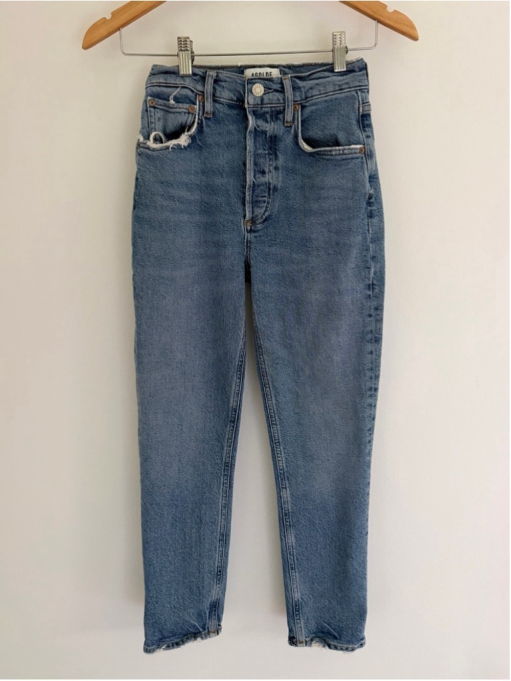 AGOLDE Riley Crop Straight Jeans Size 23 High Rise Distressed Pocket Raw Hem